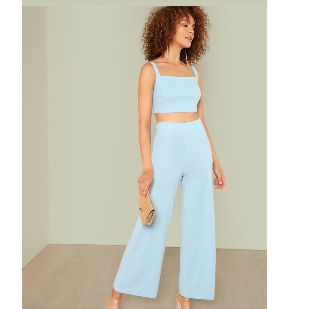 SHEIN Light Blue Crop Top and Palazzo Pants Set Women's Size Small‎ S